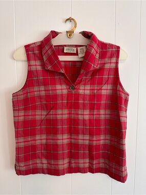Red & Green Plaid Sleeveless Collared Top